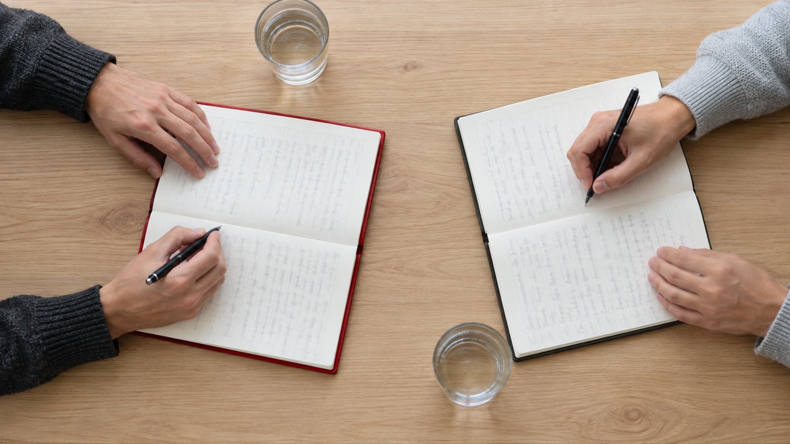Plano cenital de dos personas sentadas frente a frente a una mesa de madera clara, cada una escribiendo en su propio cuaderno abierto, con un vaso de agua junto a cada una