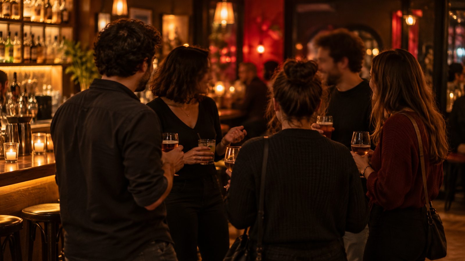 Un grupo de cinco personas conversa de pie con sus bebidas junto a la barra de un bar en penumbra, iluminado con lámparas cálidas y velas, con un reflejo rojo en la pared del fondo