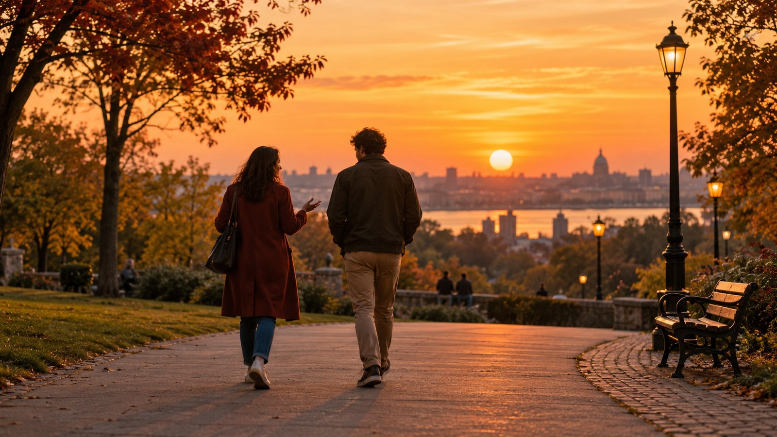 Una mujer y un hombre caminan de espaldas por el paseo de un parque al atardecer mientras conversan; ella gesticula al hablar y, al fondo, el sol se pone sobre la silueta de la ciudad entre farolas encendidas