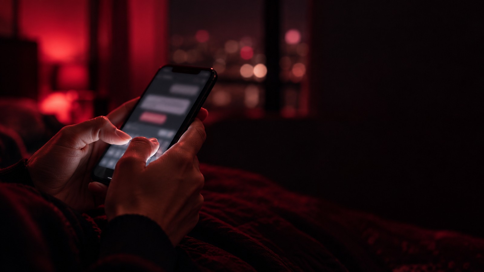 Primer plano de las manos de una persona escribiendo un mensaje en el móvil en una habitación a oscuras, con una conversación en pantalla que no se alcanza a leer y las luces de la ciudad desenfocadas al fondo