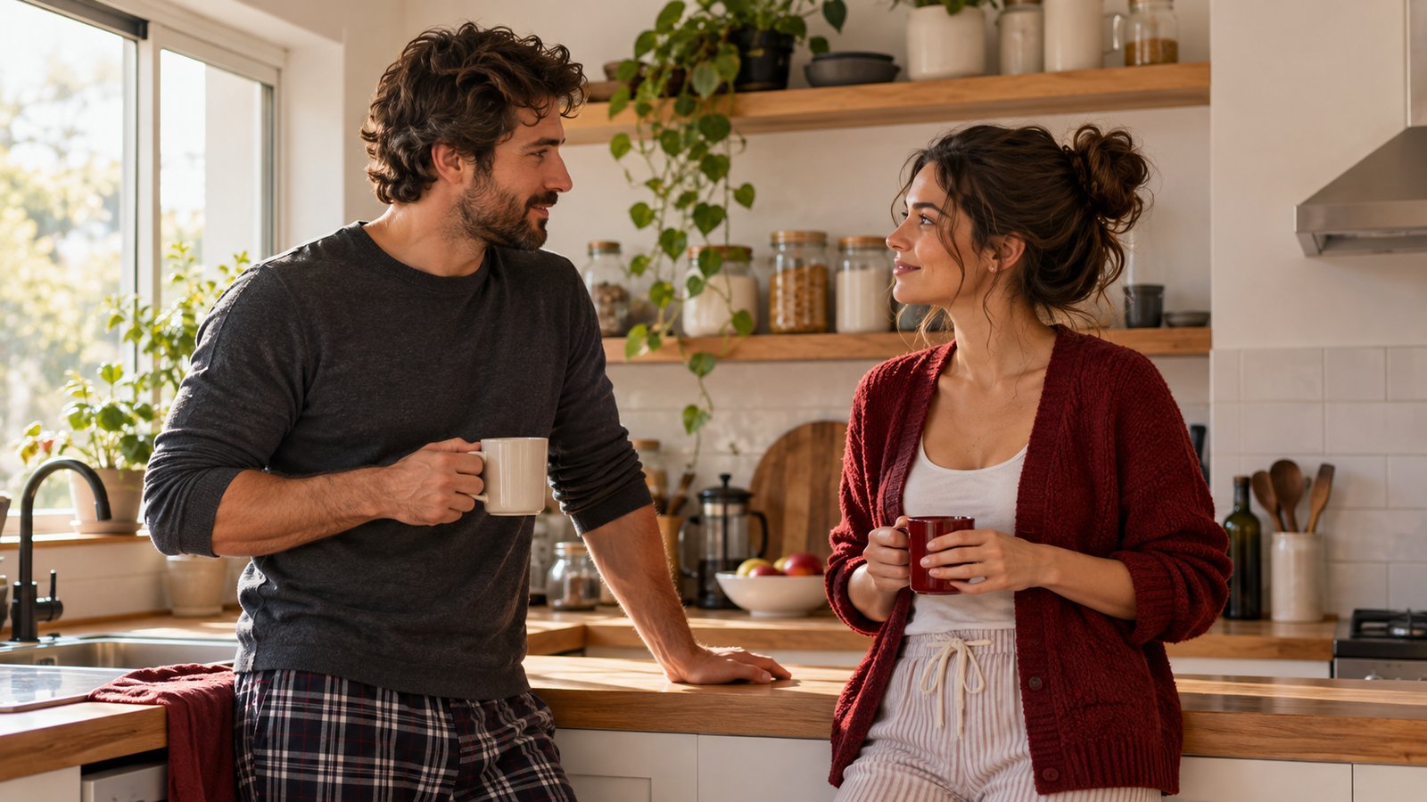 Una pareja adulta conversa de pie y apoyada en la encimera de la cocina de su casa por la mañana, cada uno con una taza en la mano, con luz de día entrando por la ventana