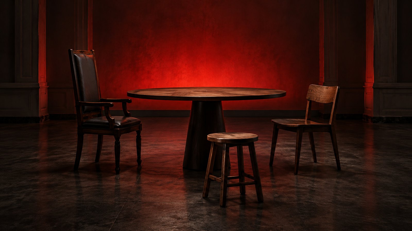Tres asientos distintos —un sillón de respaldo alto, un taburete bajo y una silla de madera— colocados alrededor de una mesa redonda vacía en una sala en penumbra con la pared del fondo iluminada en rojo